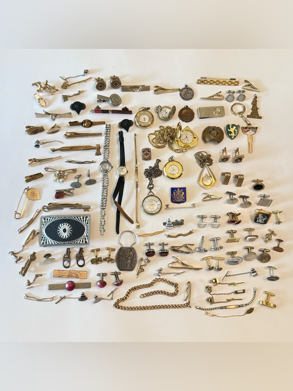 Huge Lot Of Men’s Tie Clips Cuff links Watches Junk Drawer Pins Medals